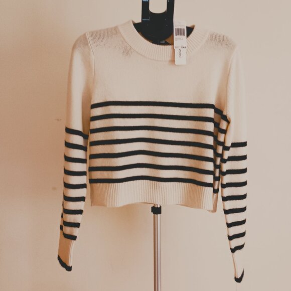 Cashmere Cream & Black Stripe Crop Sweater Cabincore Scandigirl Cozy Size L NWT - Picture 16 of 16